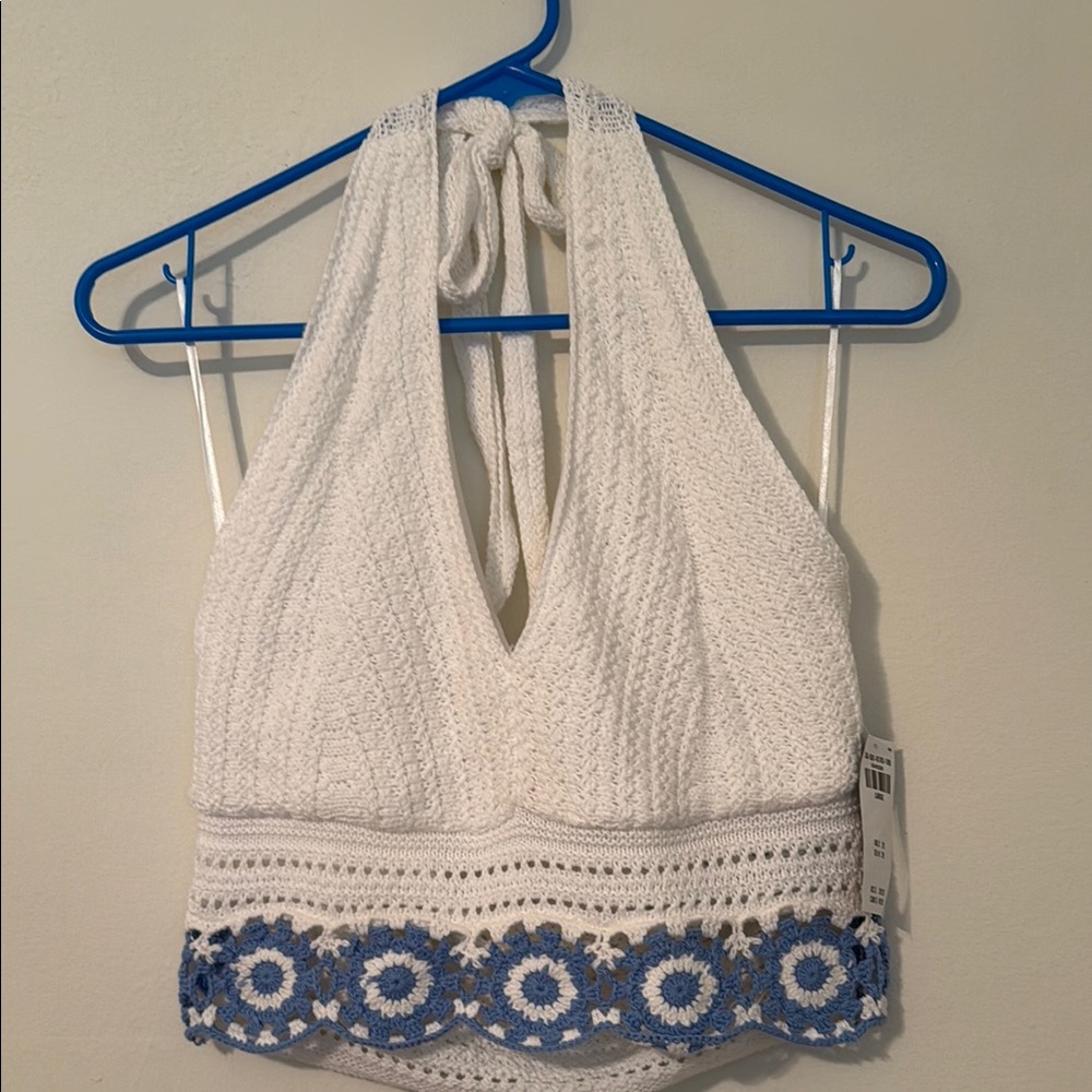 White and Blue Crochet Halter Top